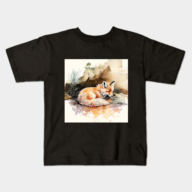 Cute Watercolor Fox Kids T-Shirt by The Art Mage